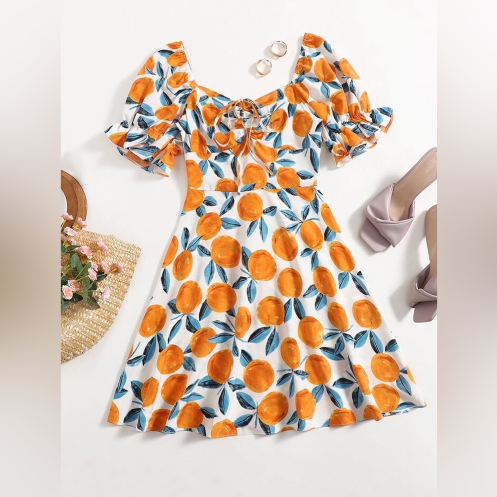Womens Plus Size Curve Sweetheart Neck Puff Sleeves Citrus Print Dress Size 1XL